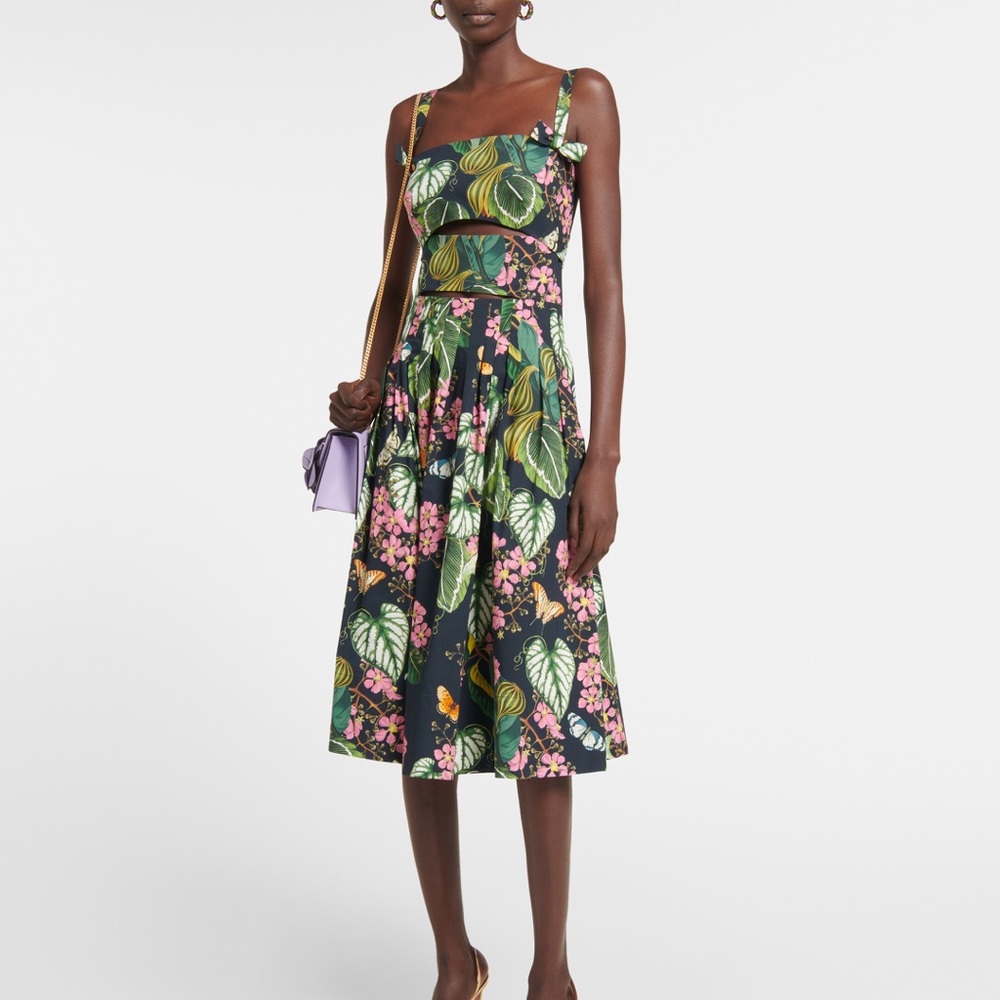 Oscar de la Renta Navy Floral and Green Leaf Midi Dress